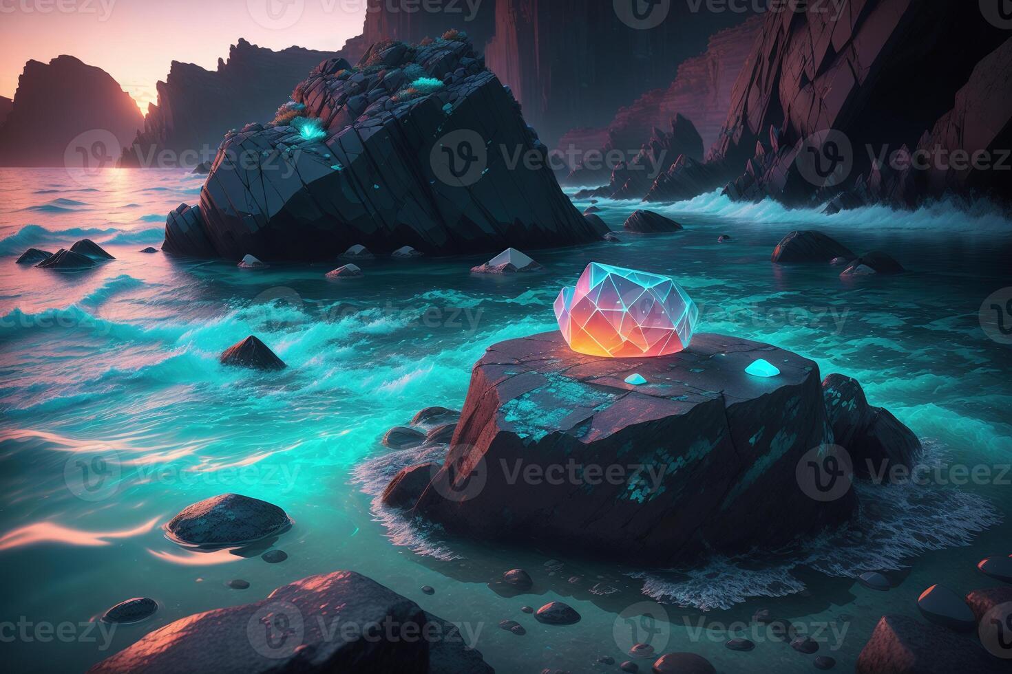 A rock in the water with the word photo