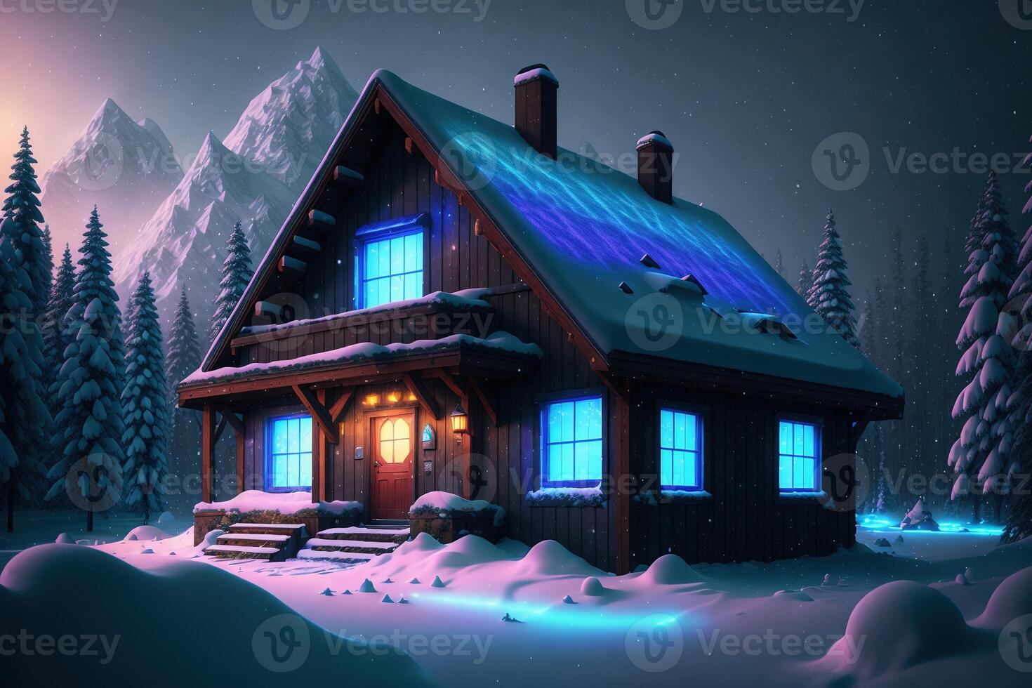 A snow - covered house in the forest with blue lights photo