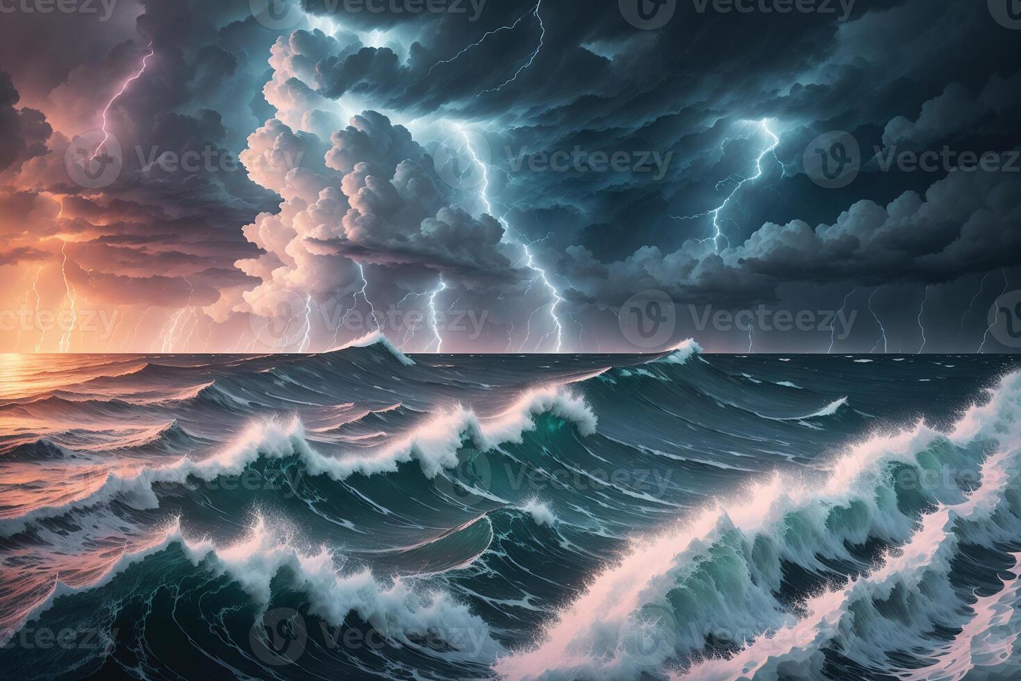 A storm over the ocean with a lightning bolt on the horizon photo