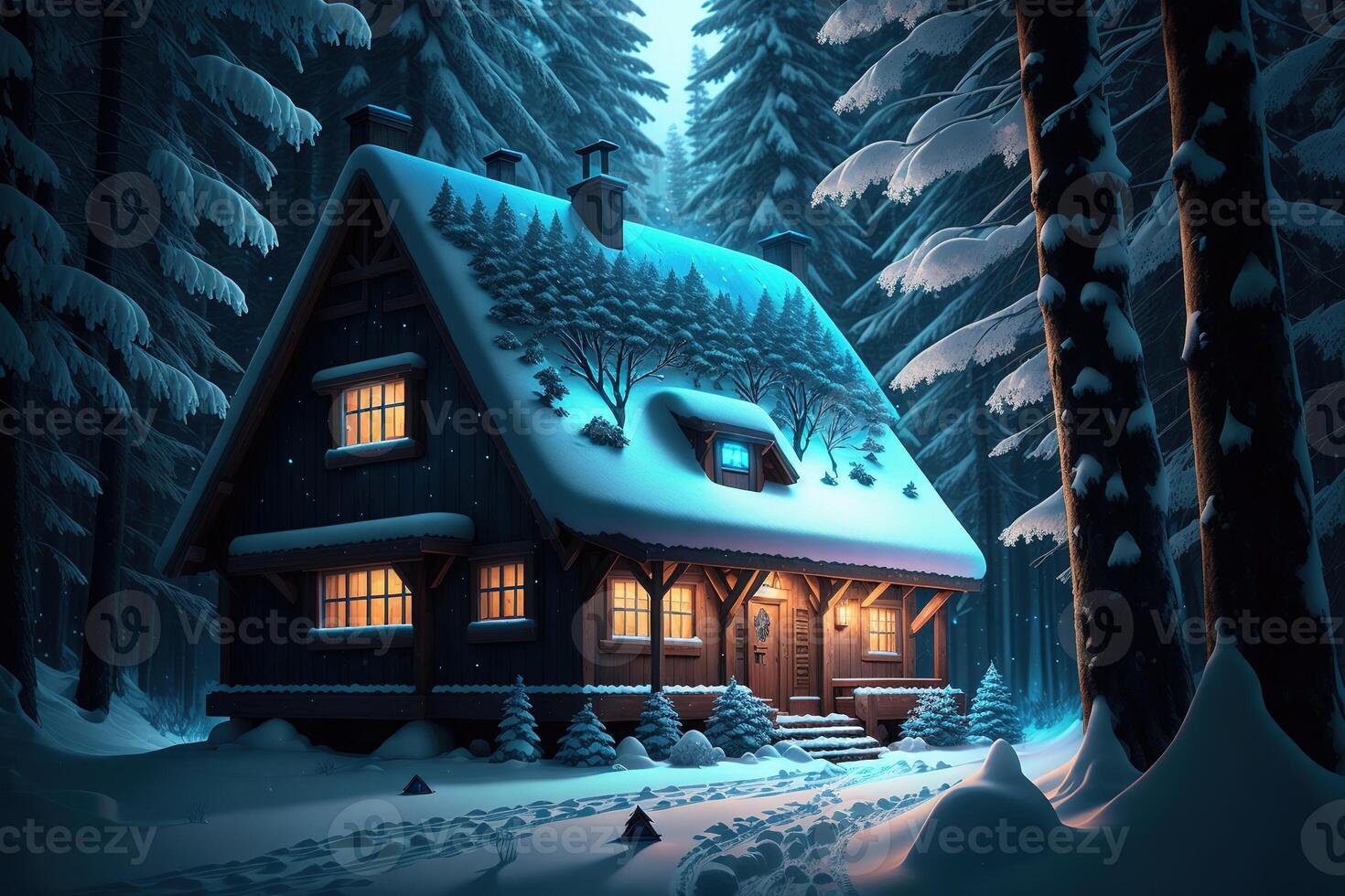 A snow - covered house in the forest with blue lights photo