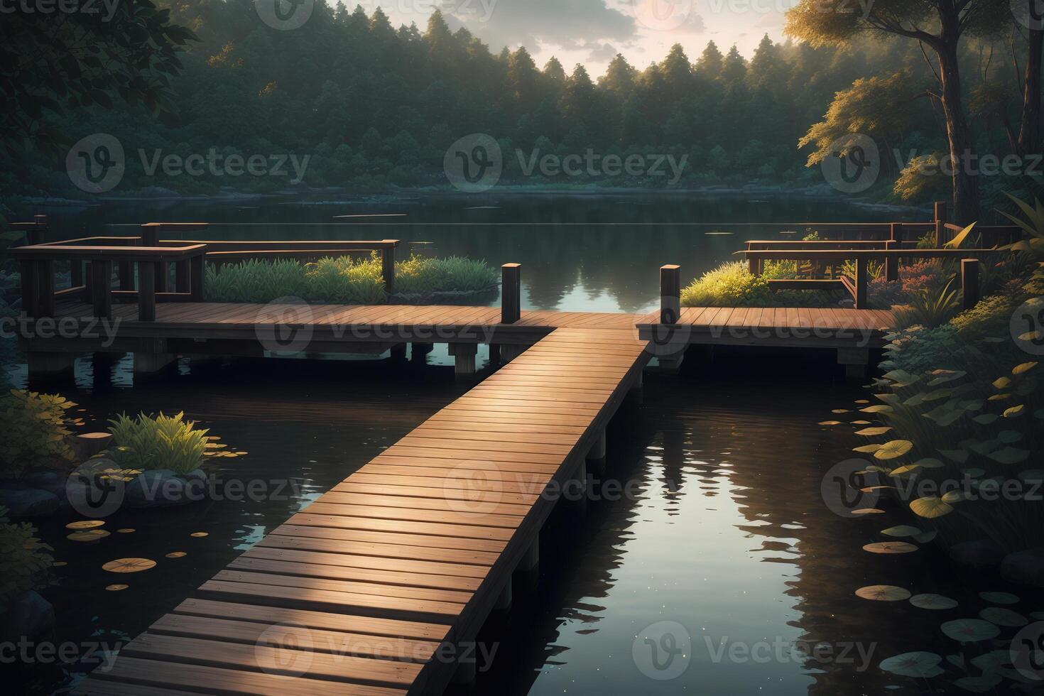 A wooden dock with a mountain in the background photo