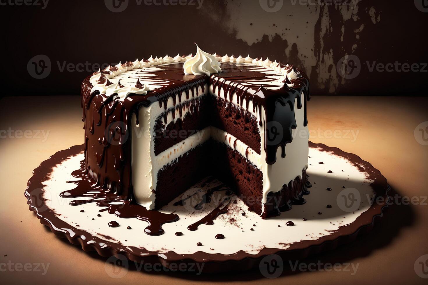 chocolate cake with chocolate syrup and whipped cream photo
