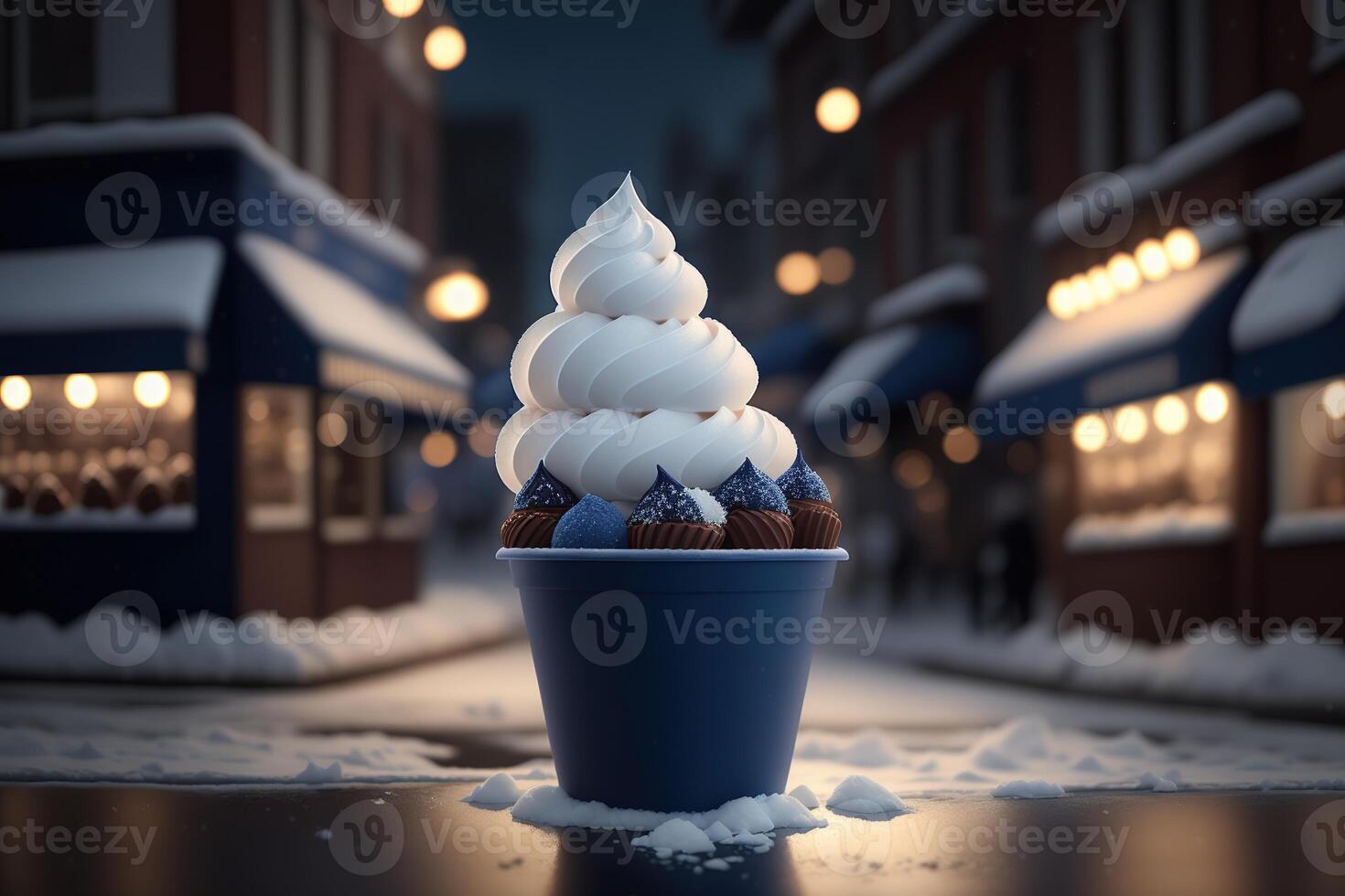 chocolate vainilla hielo crema cono anuncios con hielo cubitos y copos de nieve ai generado foto