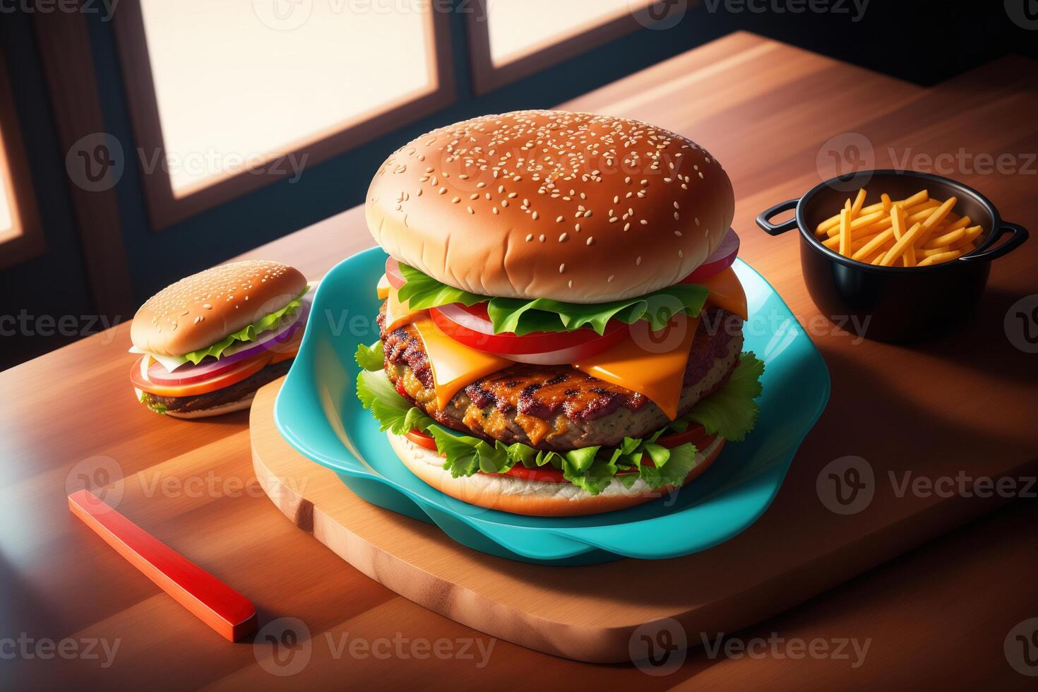 Fresh tasty homemade burger on wooden table photo