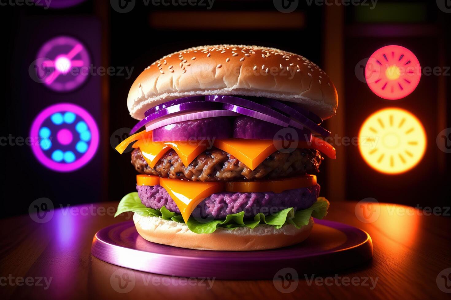 Fresh tasty homemade burger on wooden table photo