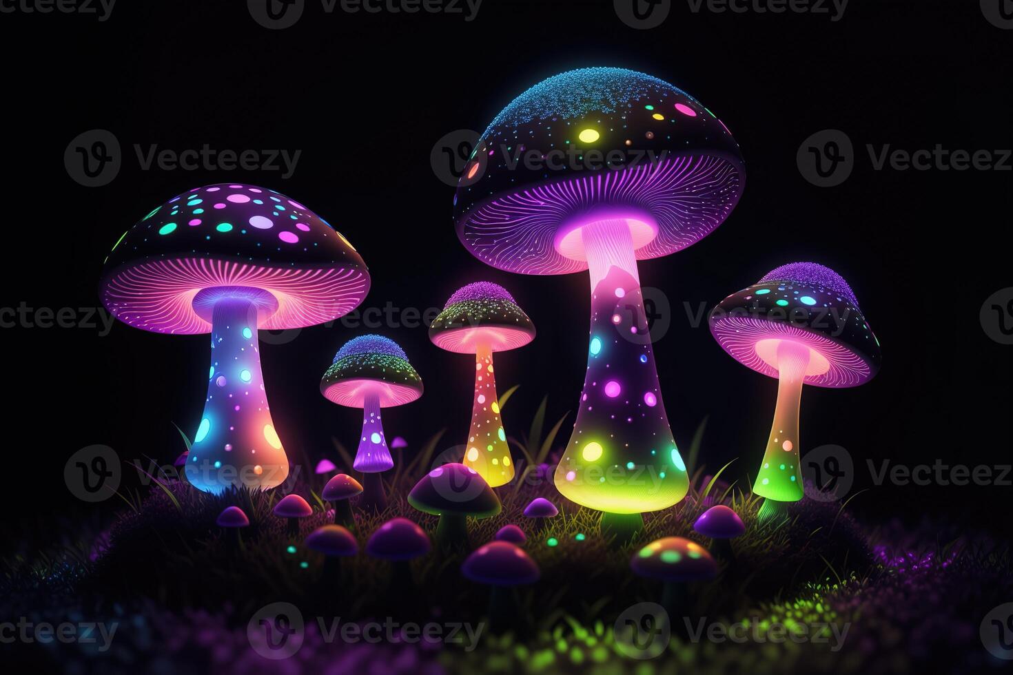 Glowing magic mushroom on black background photo