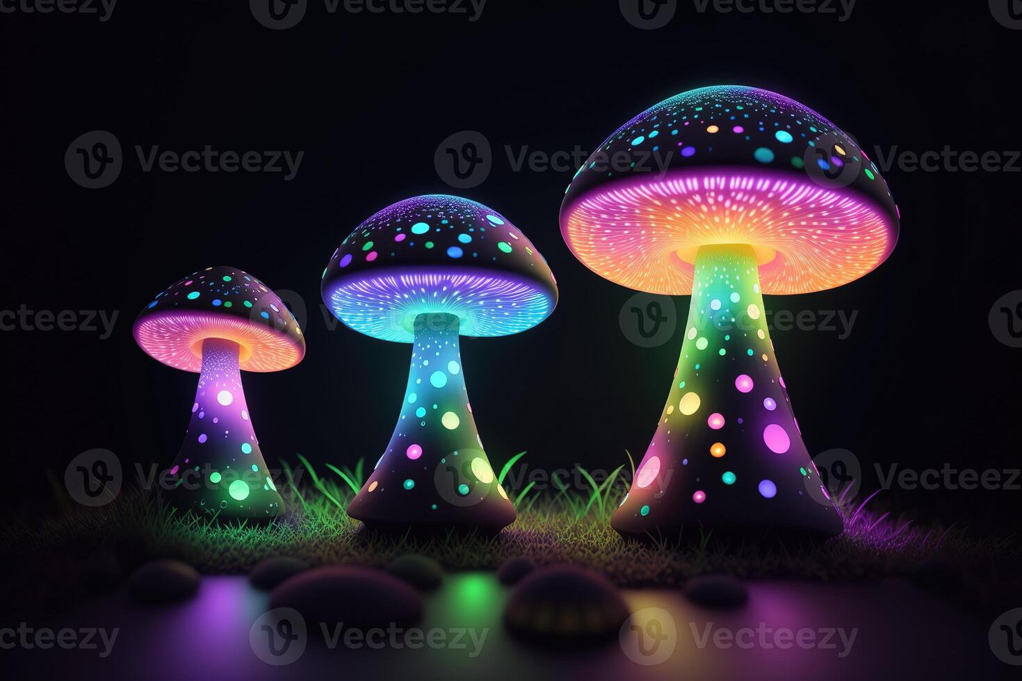 Glowing magic mushroom on black background photo