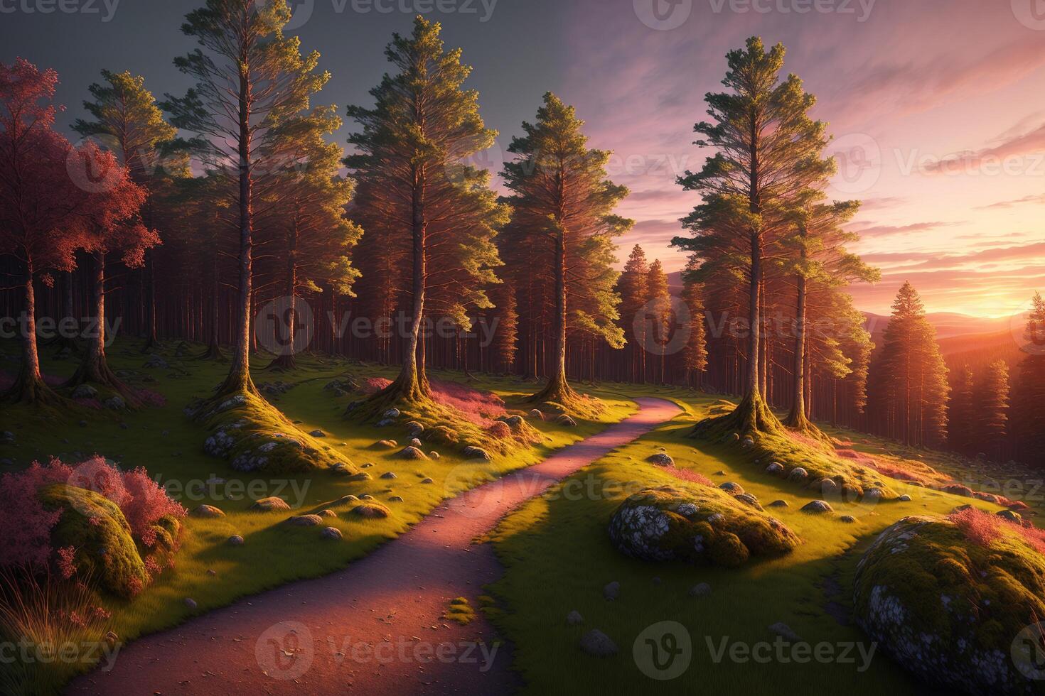 Path in mysterious forest mystical landscape at dawn sunset twisted trees photo