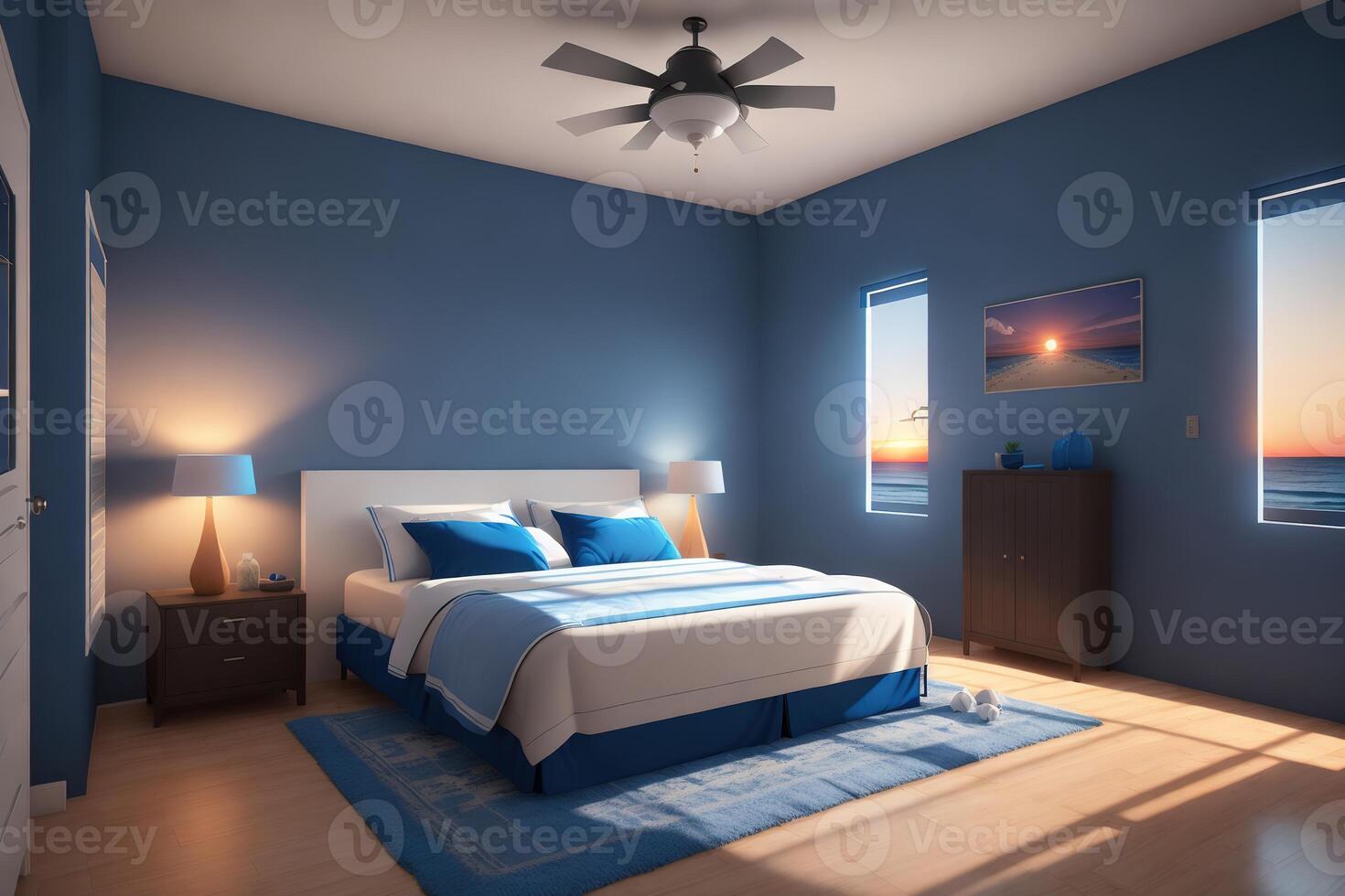 un dormitorio con un azul cama y un blanco lámpara en el pared ai generado foto