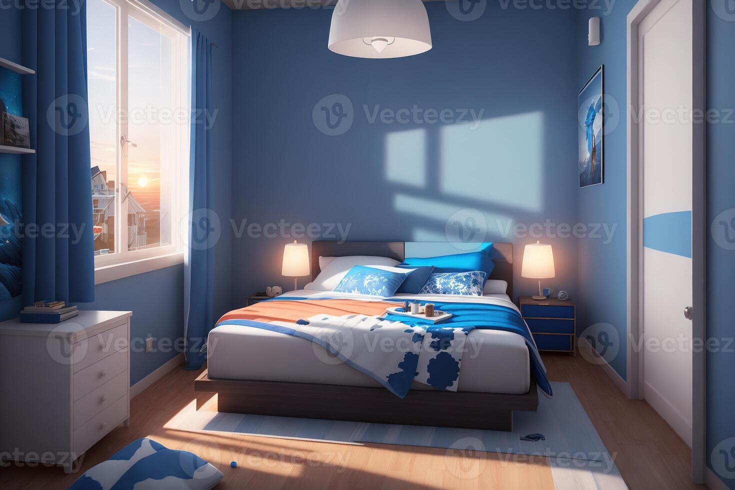 A bedroom with a blue bed and a white lamp on the wall photo