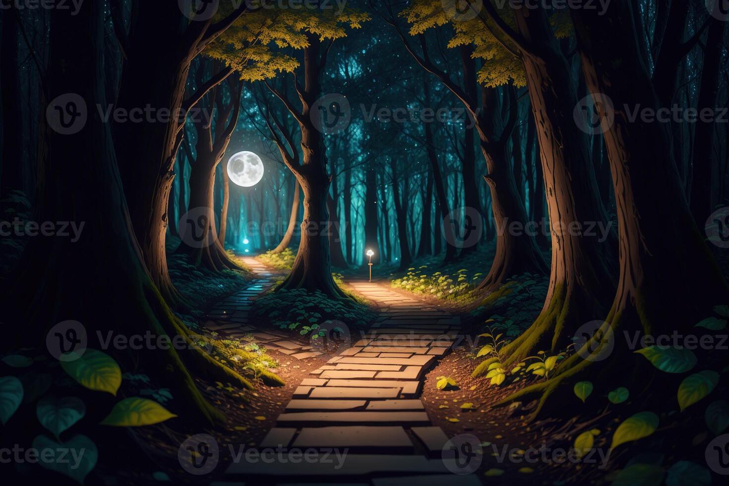 A path in the woods with the moon in the background photo