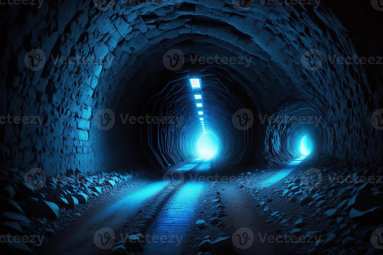 A dark tunnel with a blue light and a blue light photo