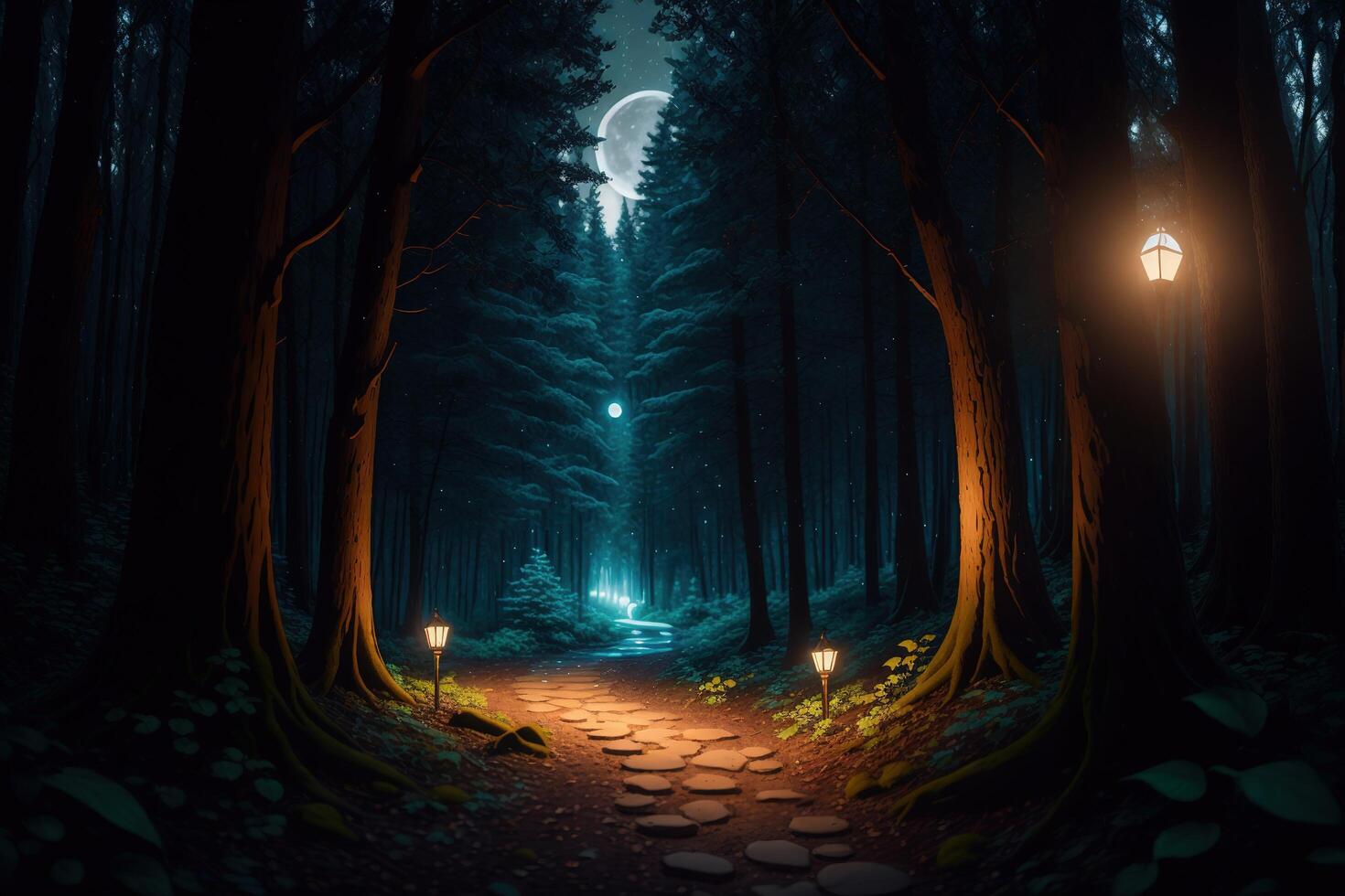 A path in the woods with the moon in the background photo