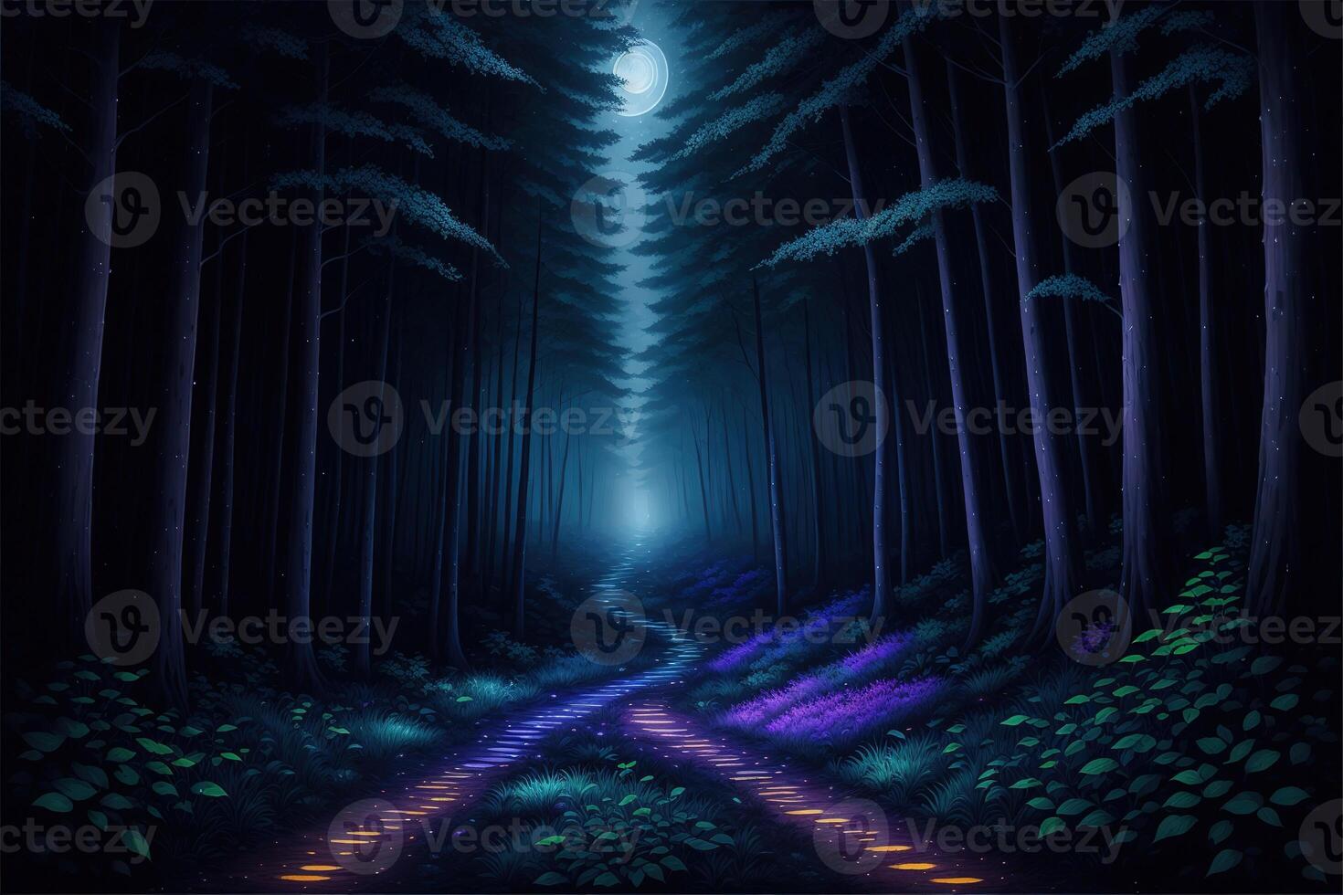 a path leading into a forest at night fantasy mystical photo