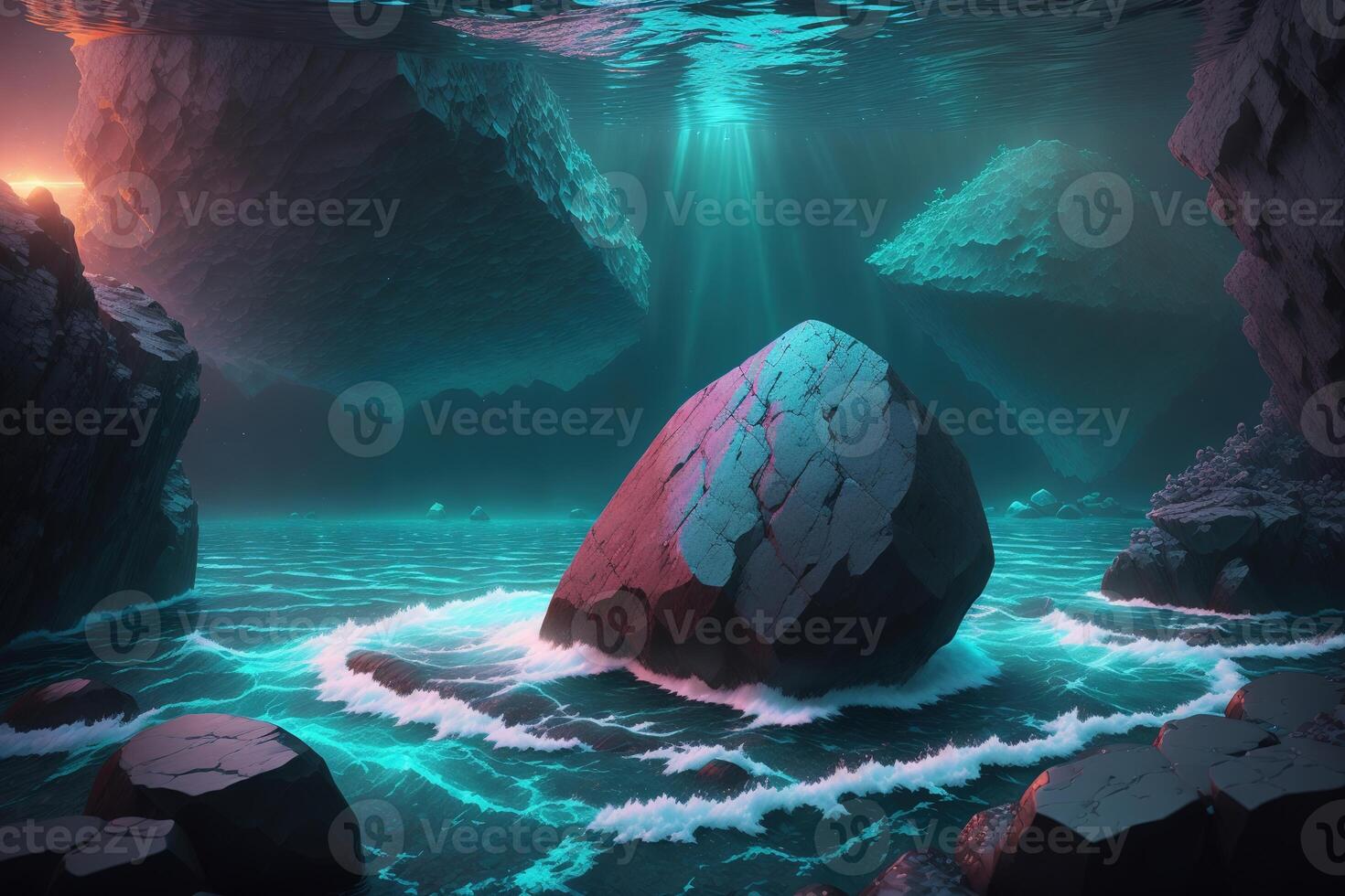 A rock in the water with the word photo