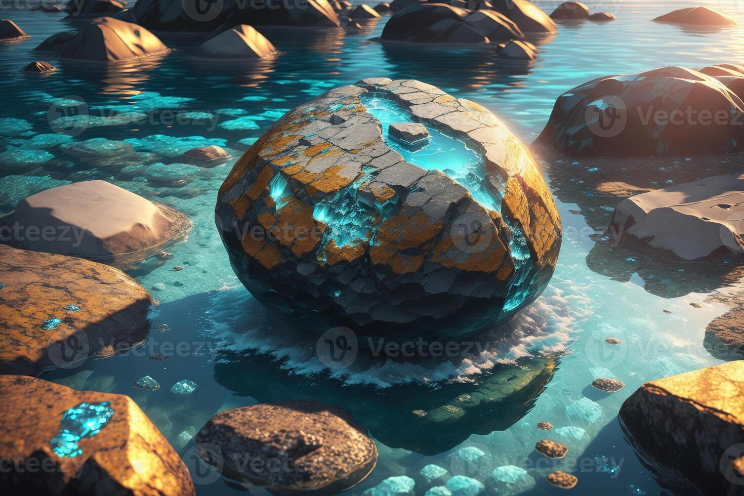A rock in the water with the word photo