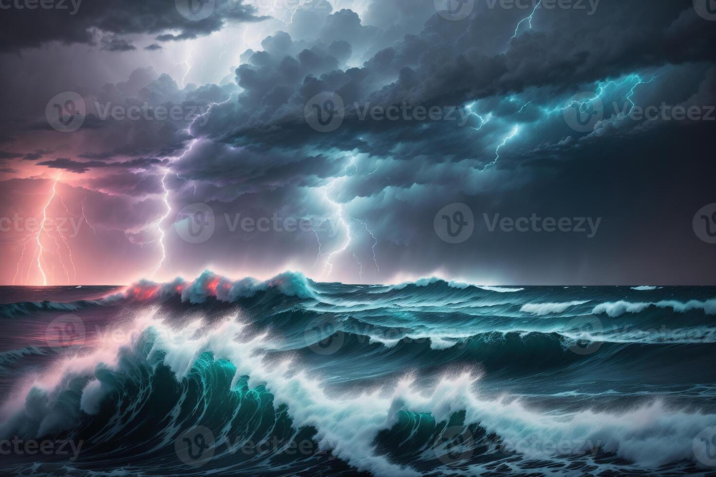 A storm over the ocean with a lightning bolt on the horizon photo