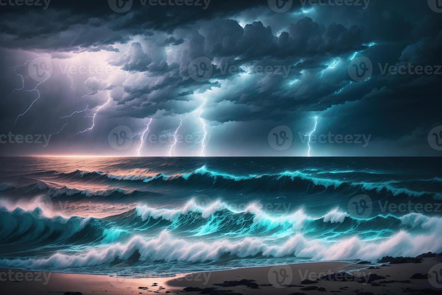 A storm over the ocean with a lightning bolt on the horizon photo