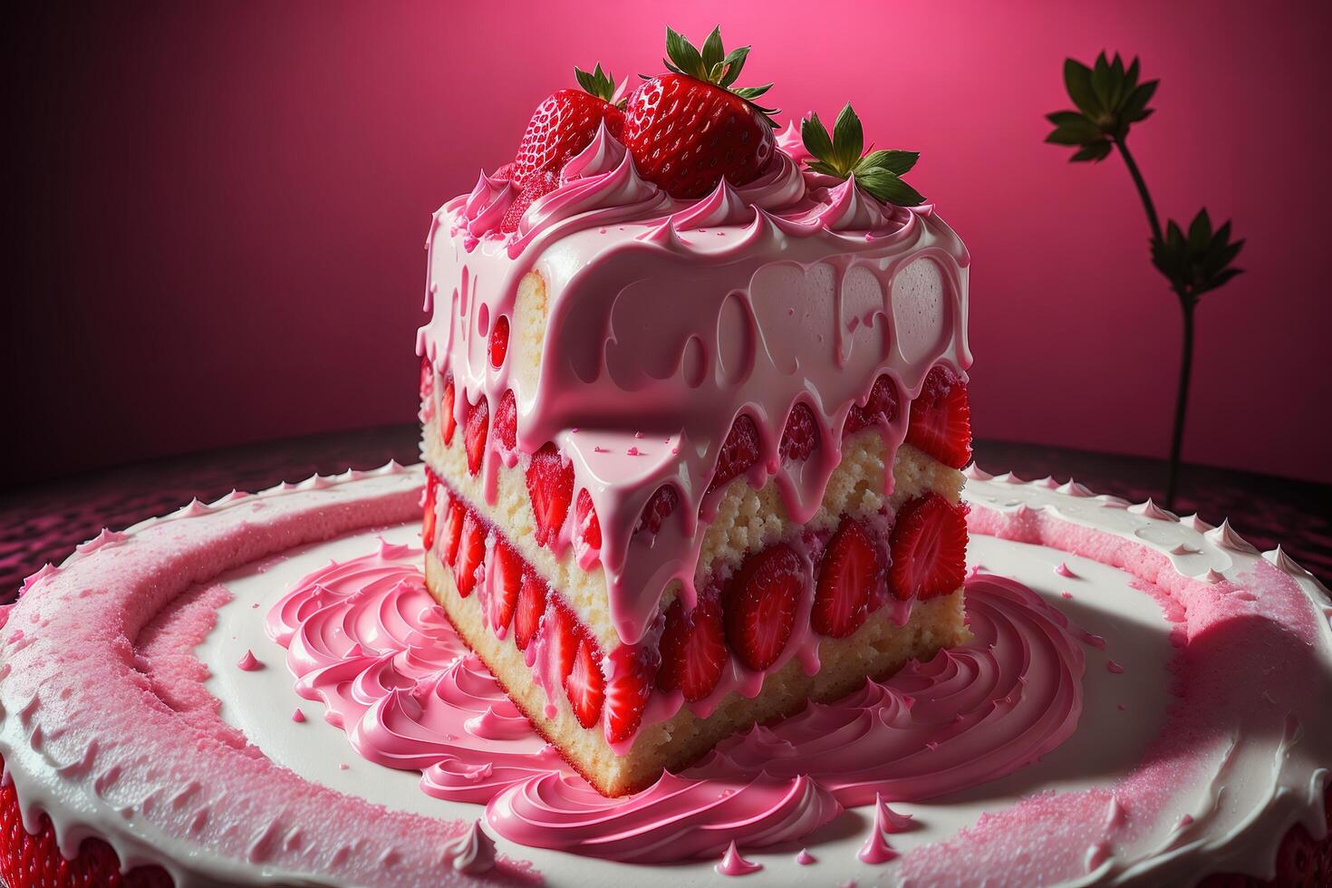 A strawberry cake with a strawberry topping is on a pink background photo