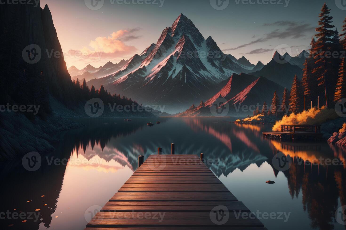 A wooden dock with a mountain in the background photo
