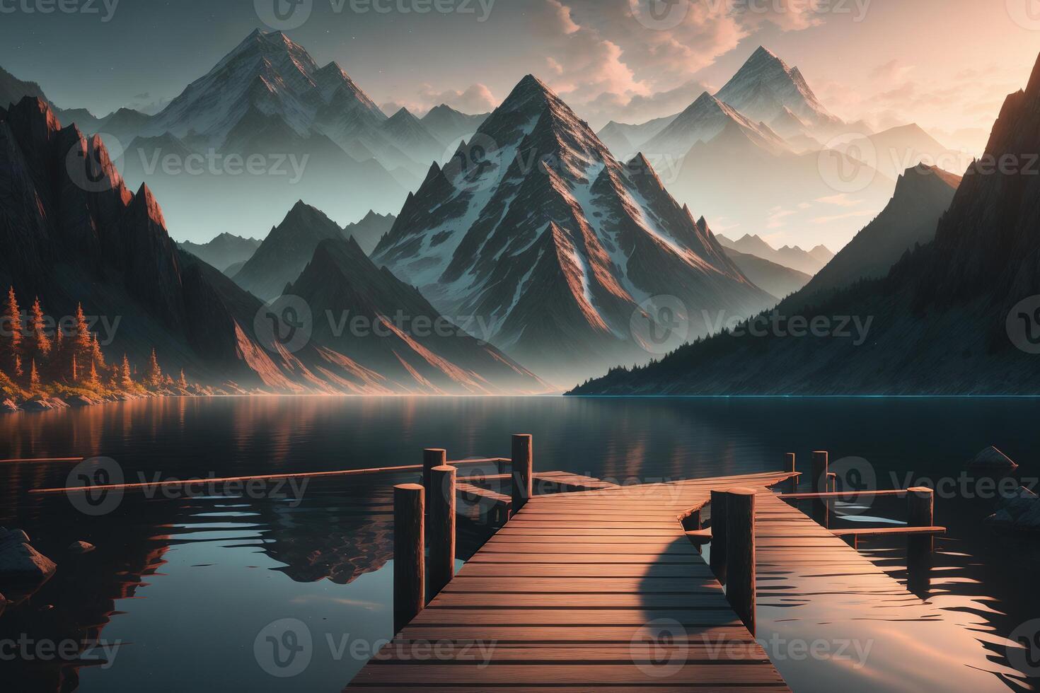 A wooden dock with a mountain in the background photo