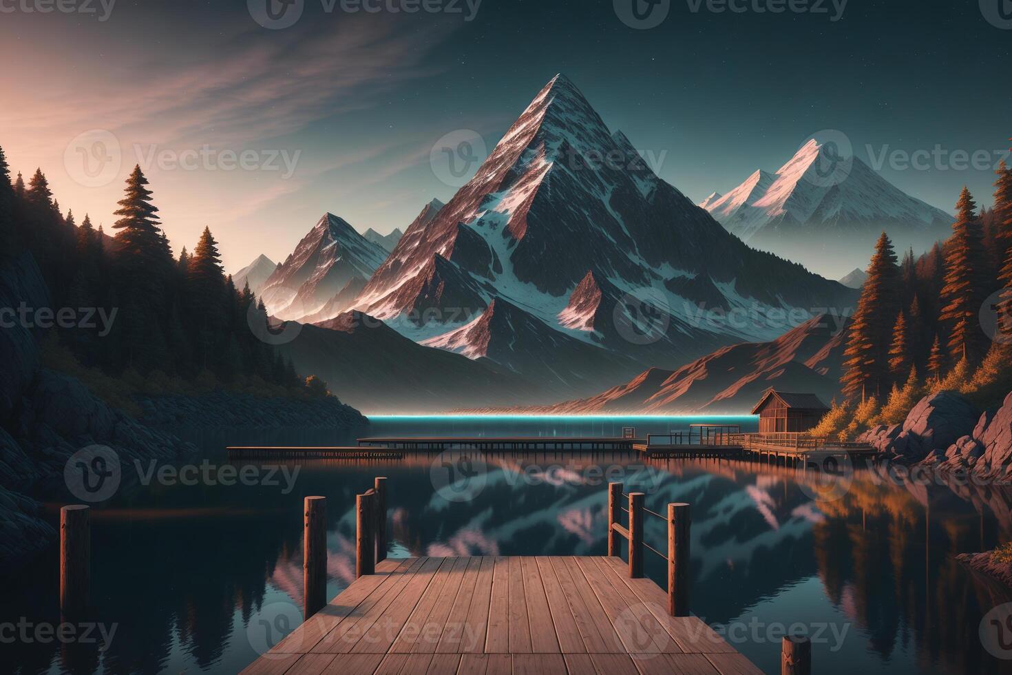 A wooden dock with a mountain in the background photo