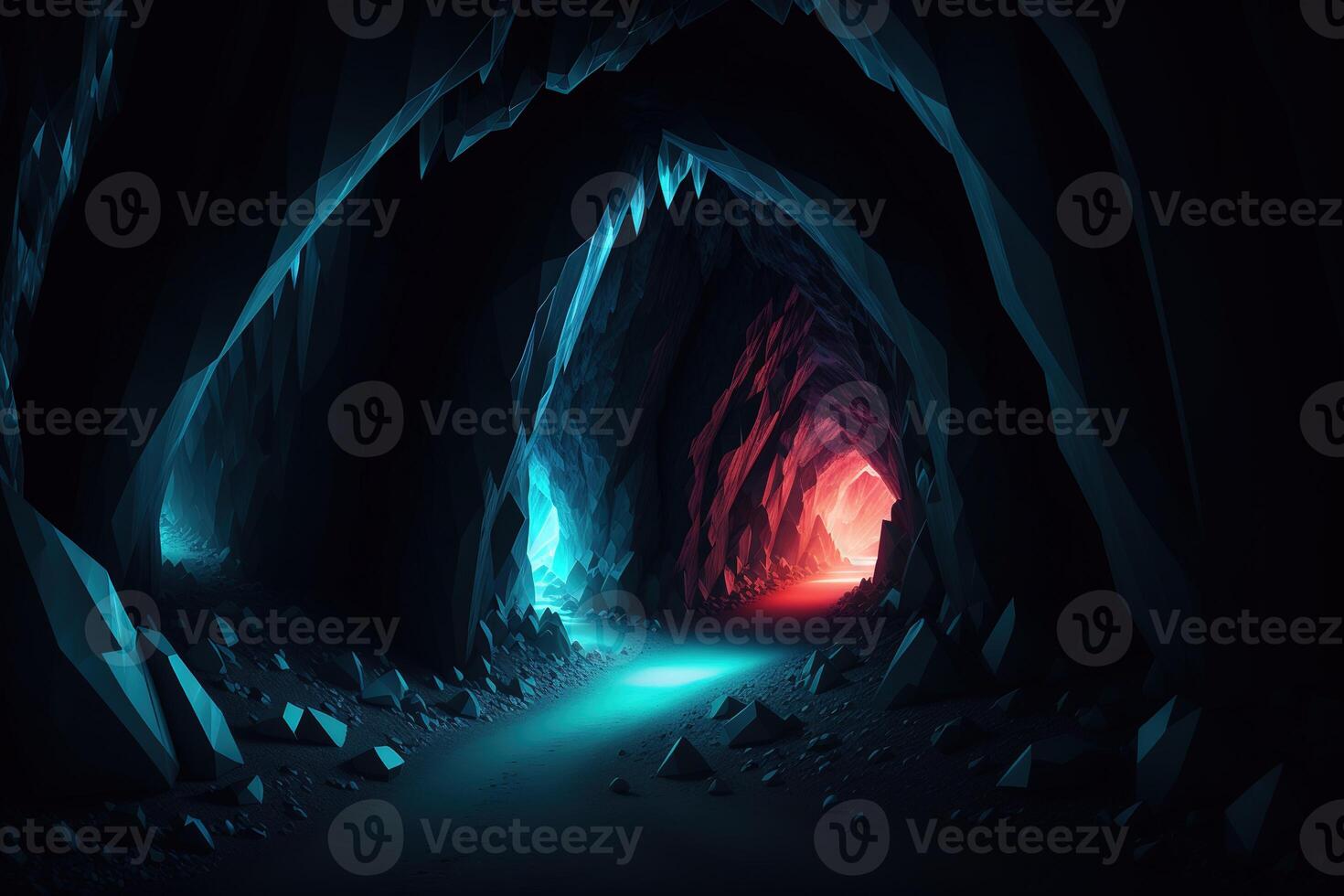 Glowing crystal cave tunnel photo
