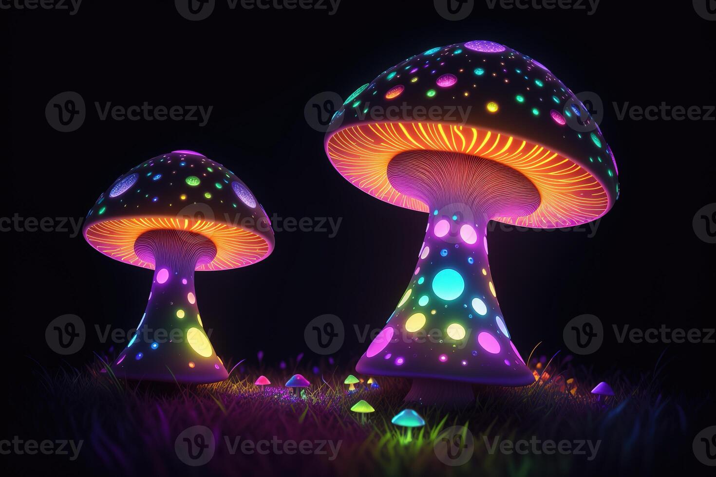 Glowing magic mushroom on black background photo