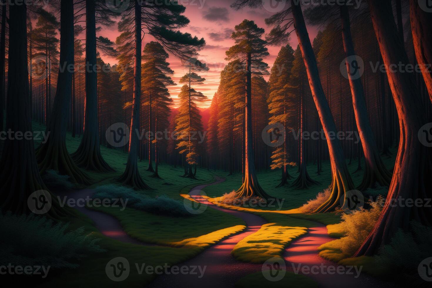 Path in mysterious forest mystical landscape at dawn sunset twisted trees photo