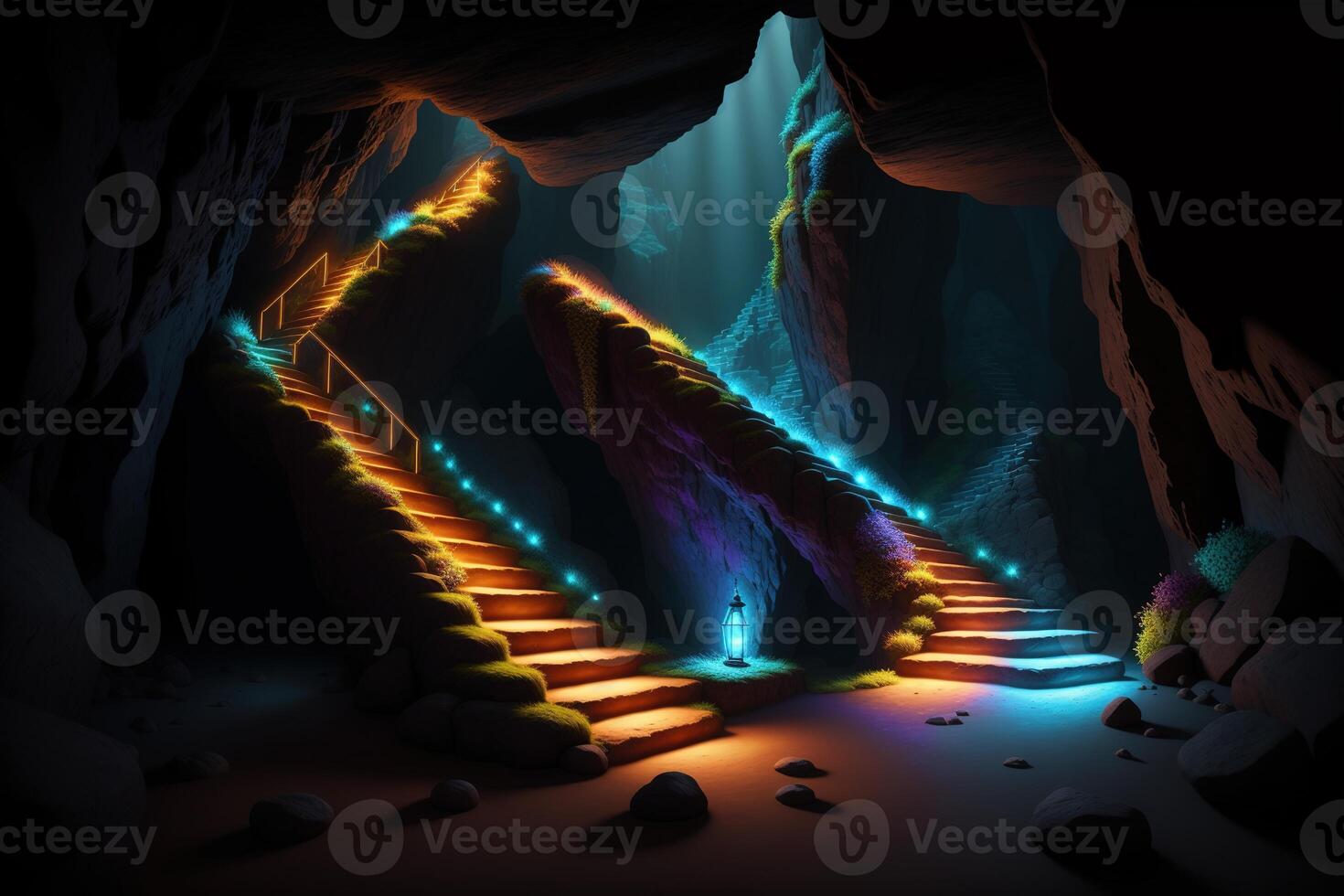 A cave with steps leading to the stairs photo