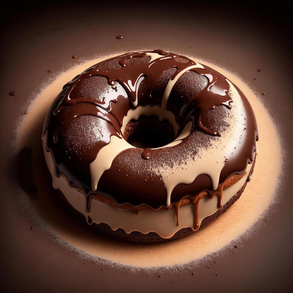 A chocolate doughnut with chocolate icing and a chocolate glaze photo