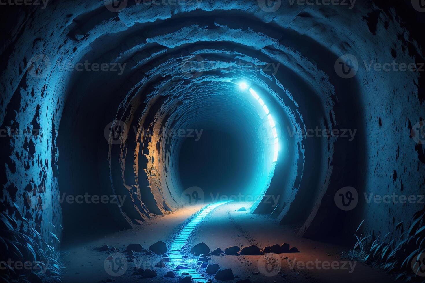 A dark tunnel with a blue light and a blue light photo