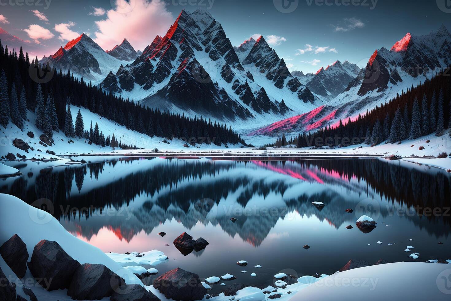 A mountain lake with snow on the mountains small Dark Paradise photo