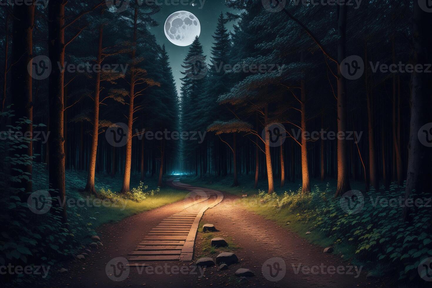 A path in the woods with the moon in the background photo