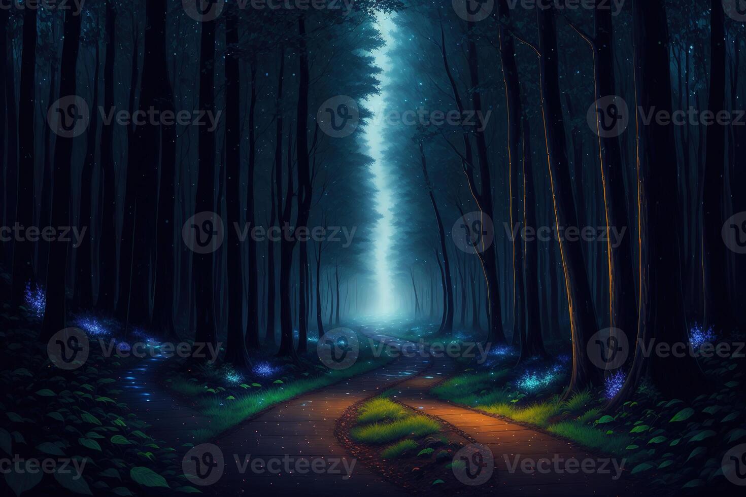 a path leading into a forest at night fantasy mystical photo