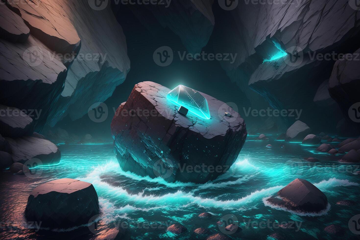 A rock in the water with the word photo