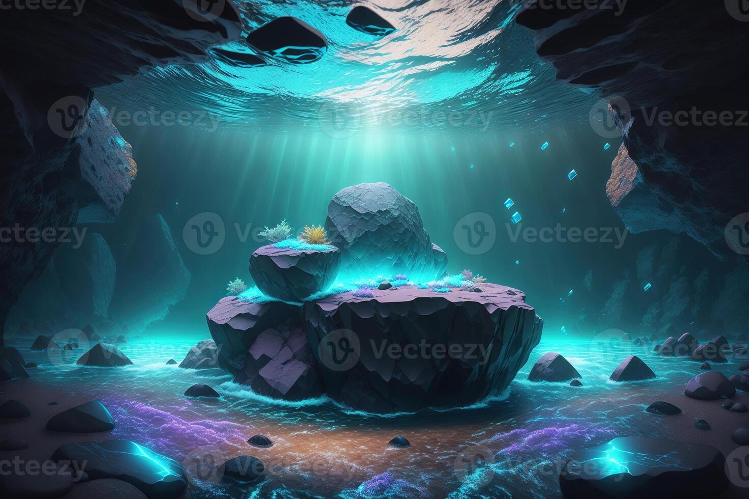 A rock in the water with the word photo