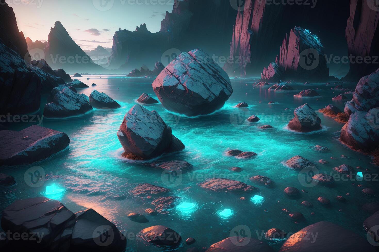 A rock in the water with the word photo