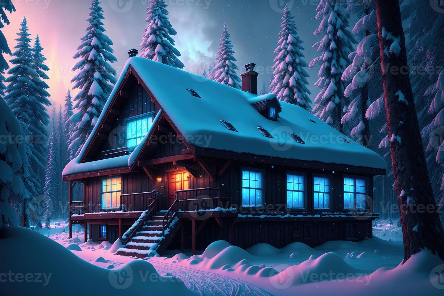 A snow - covered house in the forest with blue lights photo
