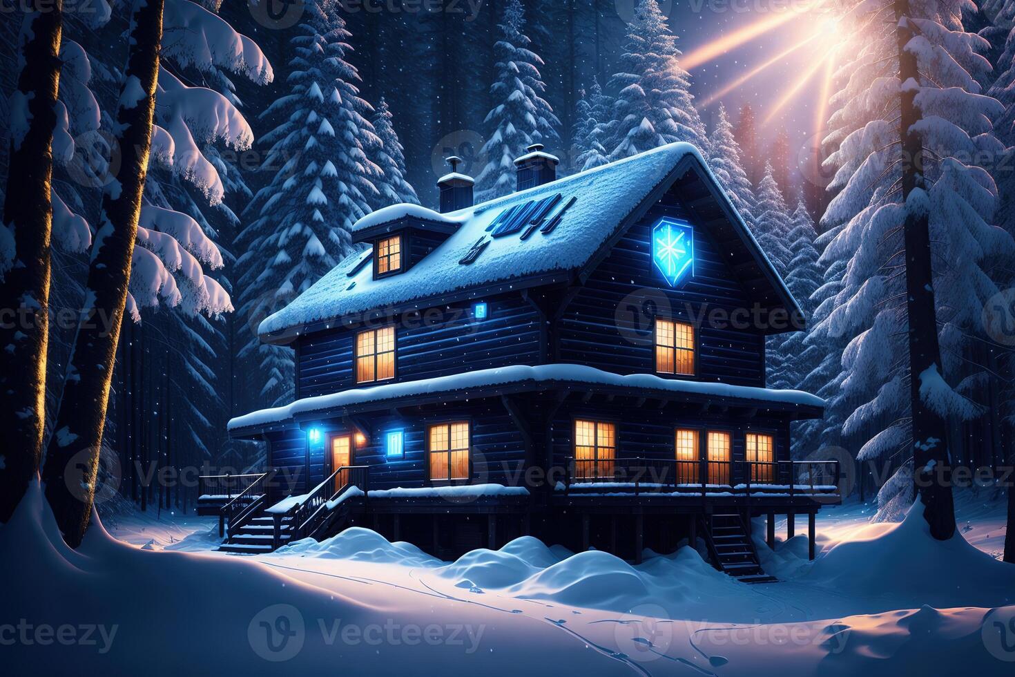 A snow - covered house in the forest with blue lights photo