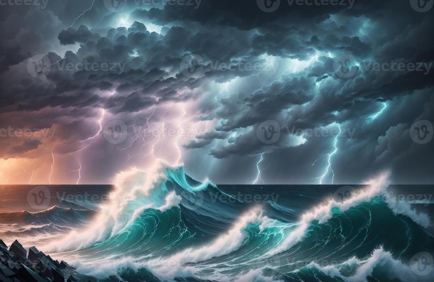 A storm over the ocean with a lightning bolt on the horizon photo