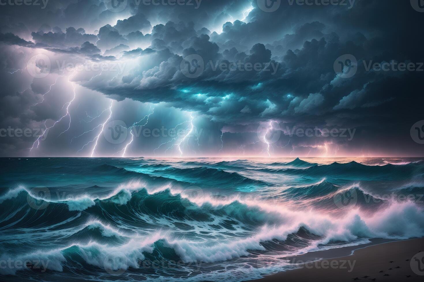A storm over the ocean with a lightning bolt on the horizon photo