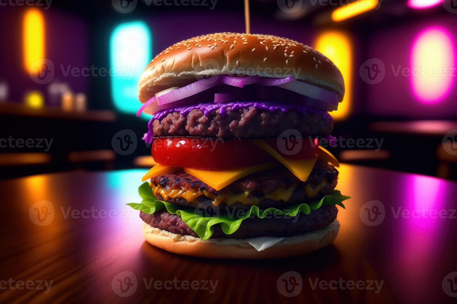 Fresh tasty homemade burger on wooden table photo