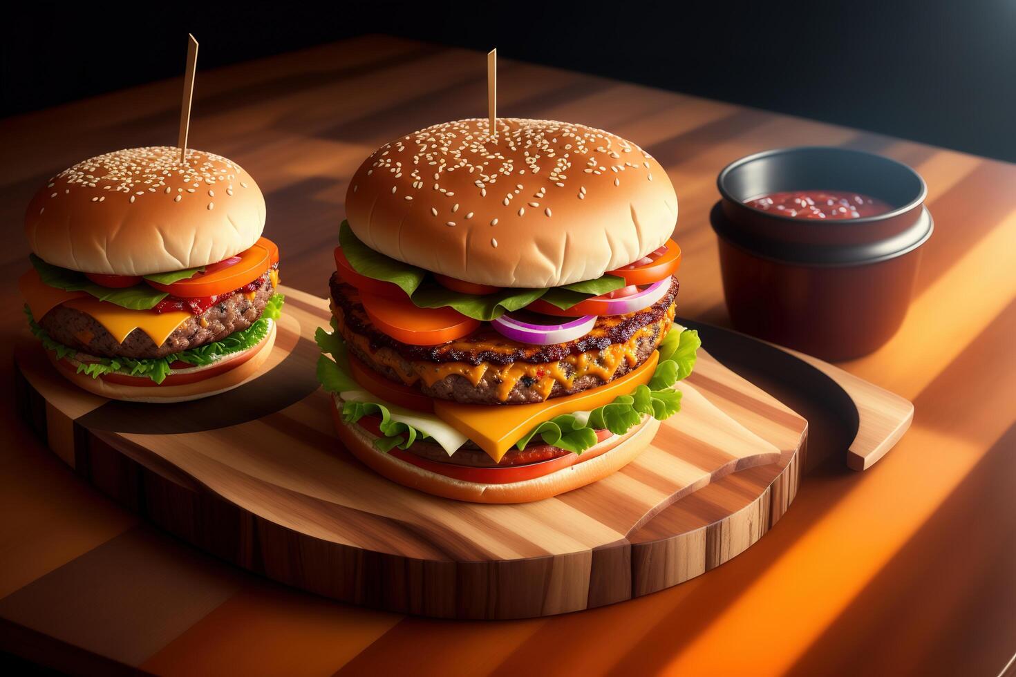 Fresh tasty homemade burger on wooden table photo