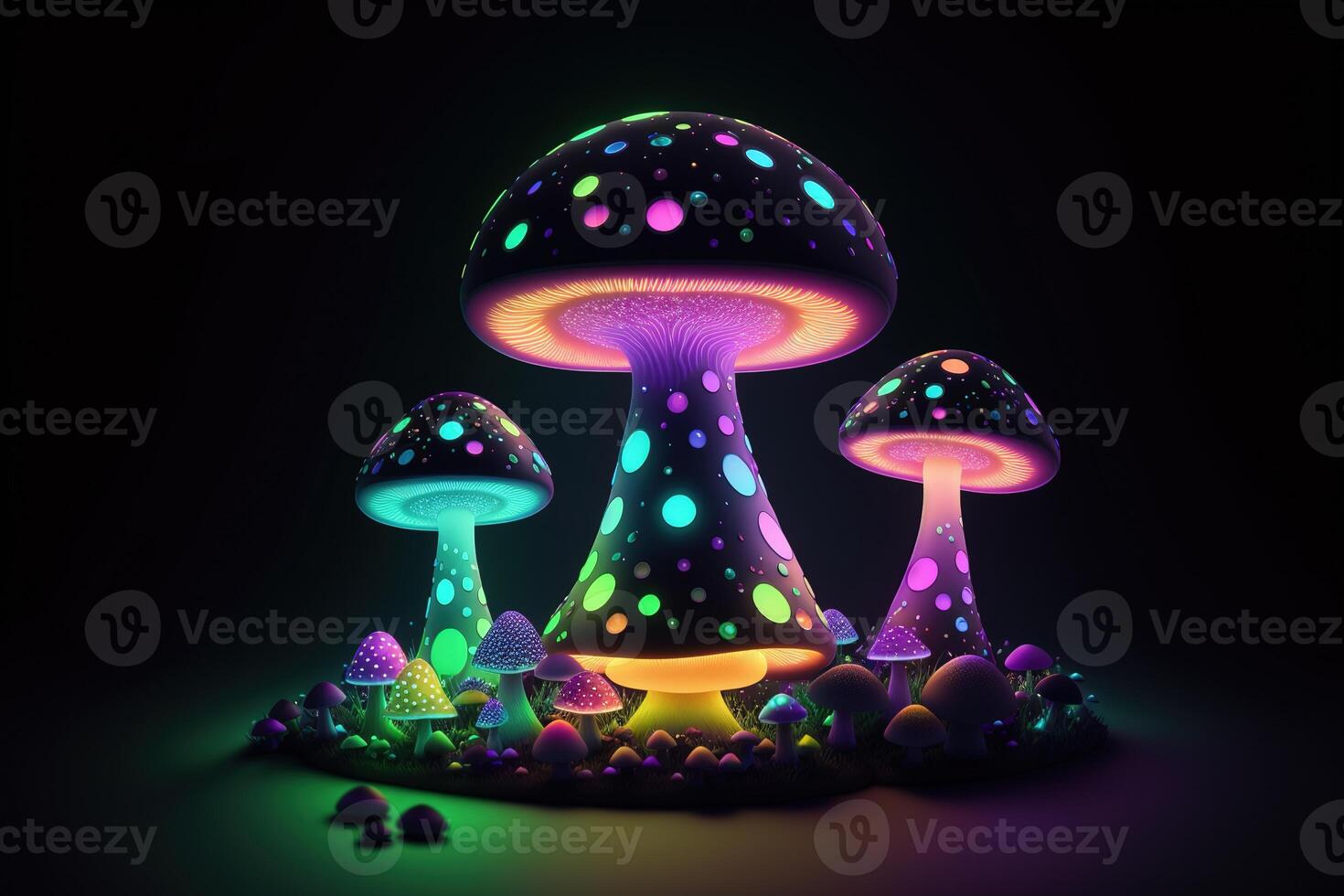 Glowing magic mushroom on black background photo