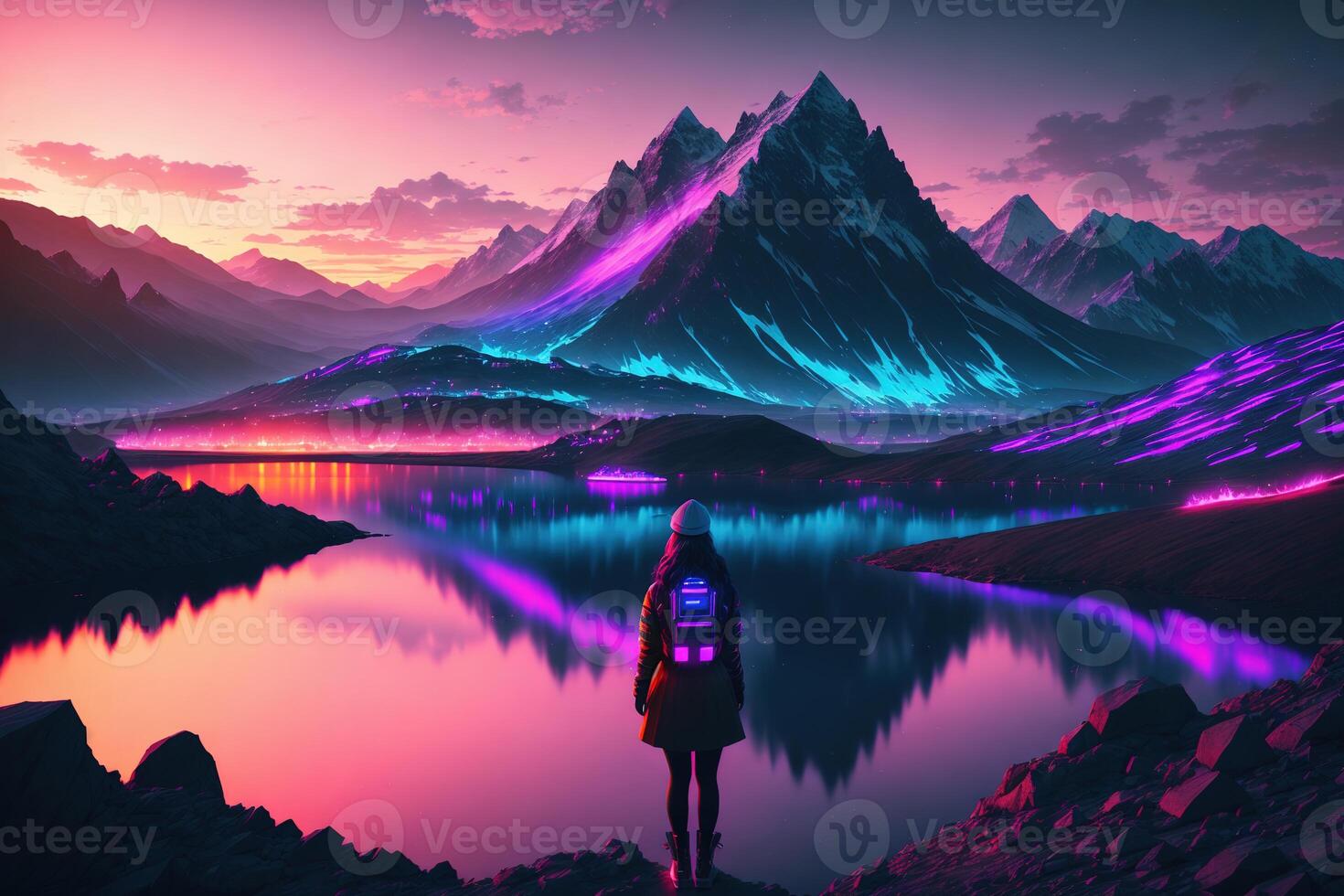 young woman standing on a high moutain and looking over a lake during sunset photo