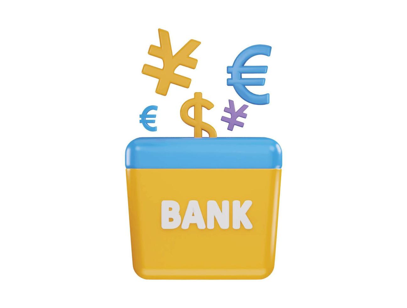 money saving bank with coin , yen and euro icon 3d rendering vector illustration