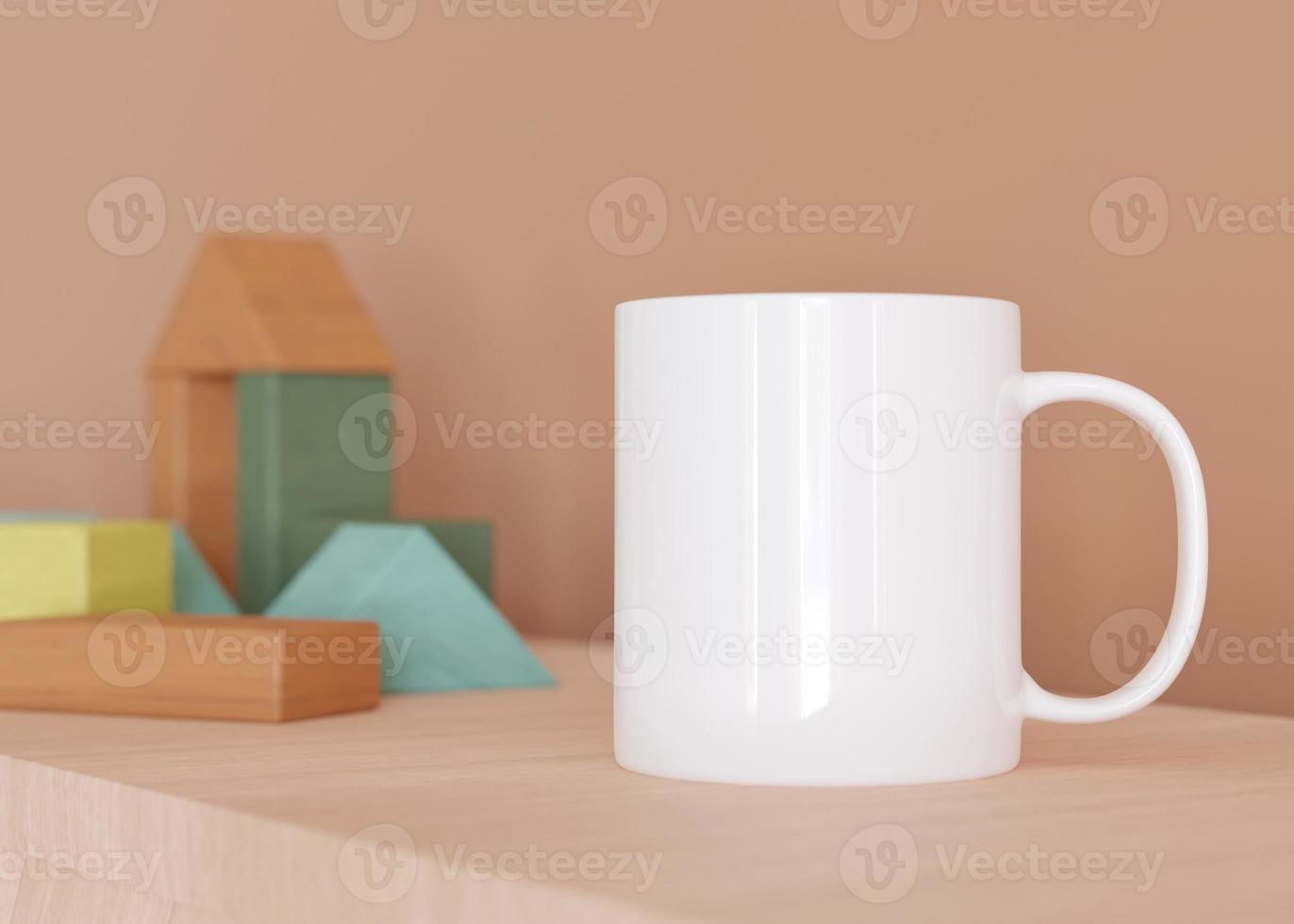 White kids mug mock up. Blank template for your design, advertising, logo. Close-up view. Copy space. Cup standing in children room. Playful cup mockup. 3D rendering. photo