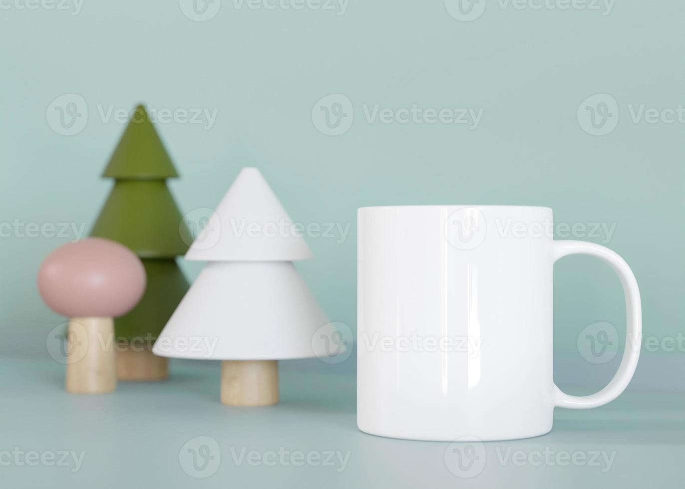 White kids mug mock up. Blank template for your design, advertising, logo. Close-up view. Copy space. Cup standing in children room. Playful cup mockup. 3D rendering. photo