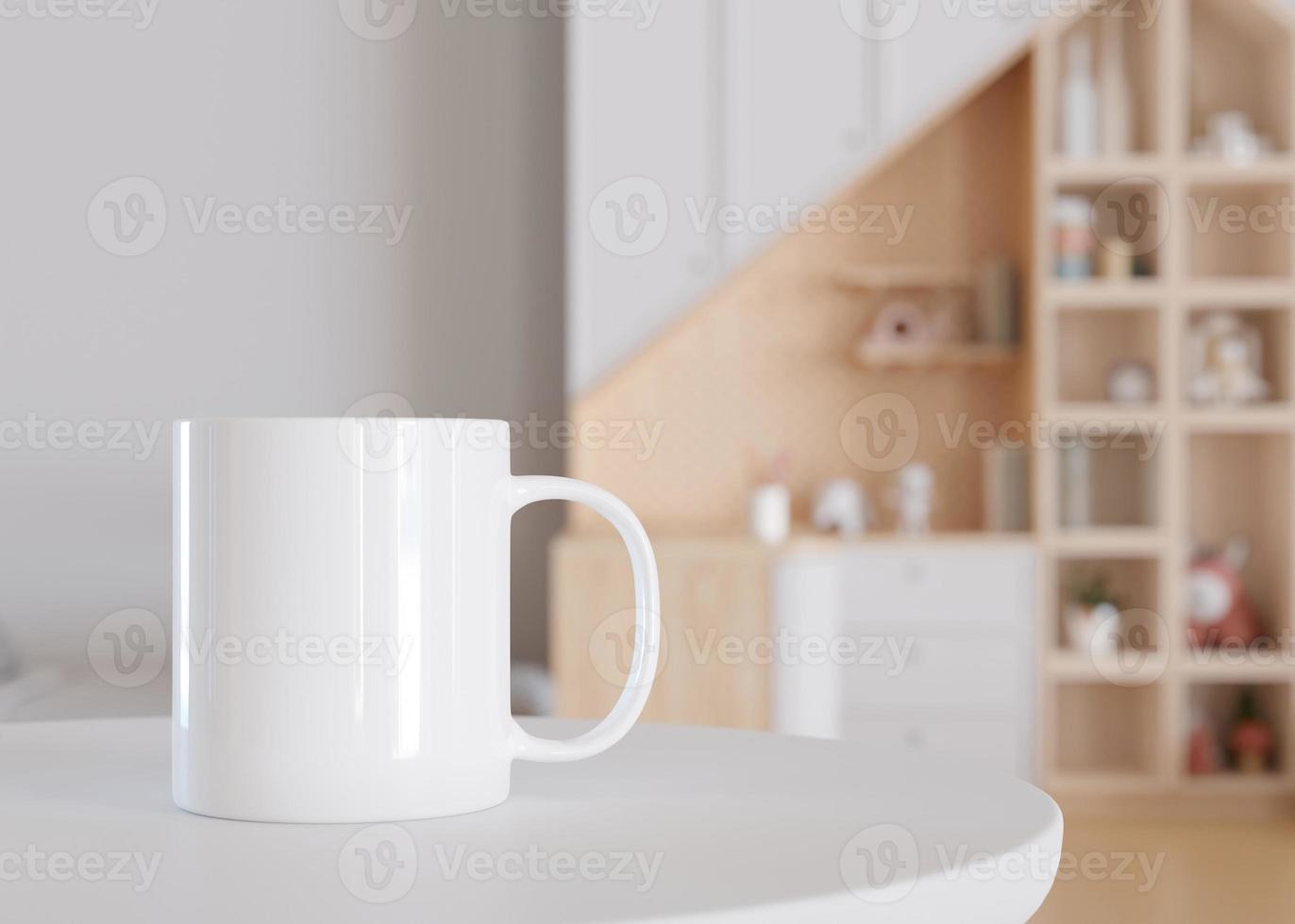 White kids mug mock up. Blank template for your design, advertising, logo. Close-up view. Copy space. Cup standing in children room. Playful cup mockup. 3D rendering. photo